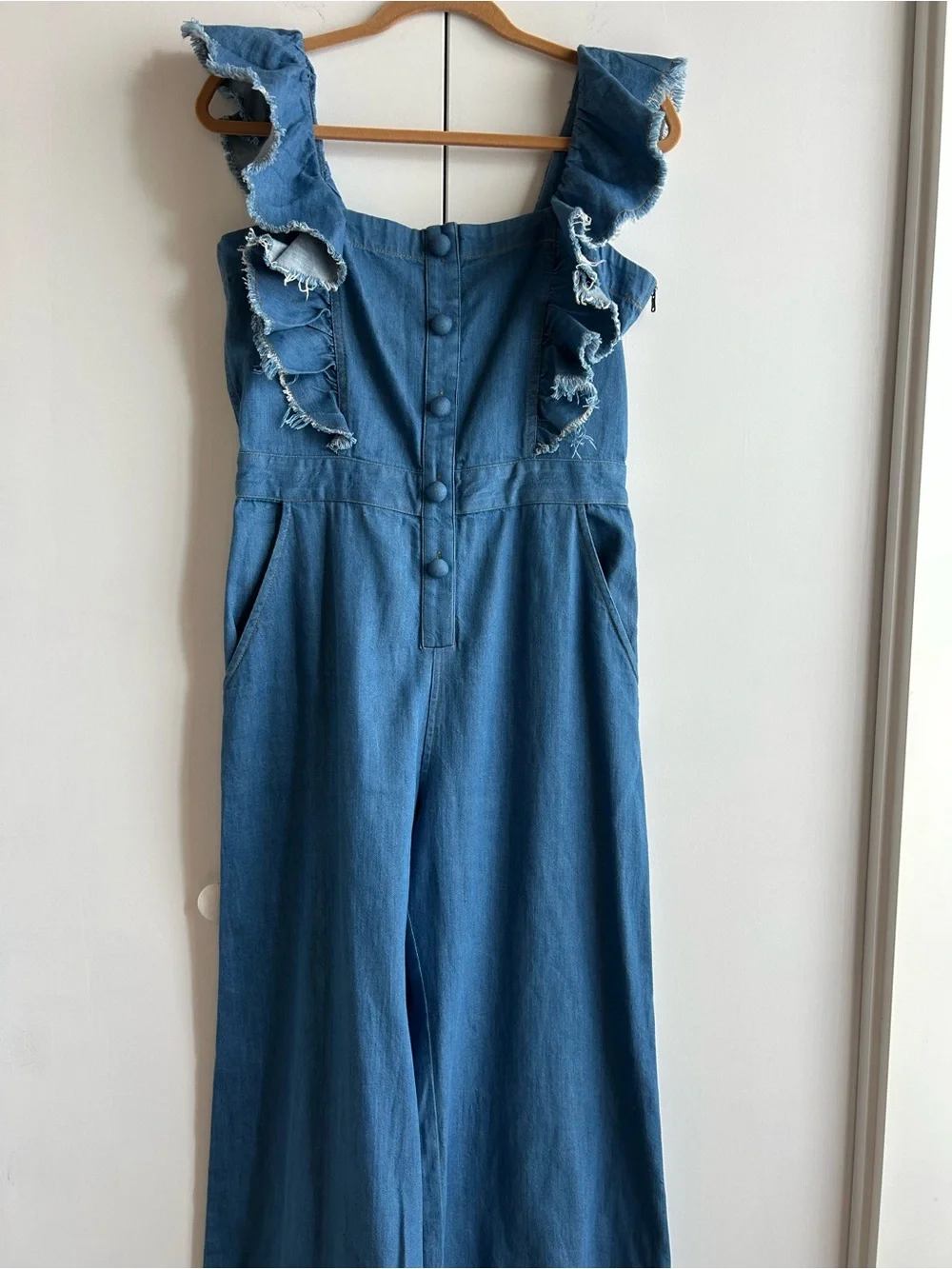 Sea New York Blue Denim Ruffle-Strap Wide-Leg Overalls - Picture 1 of 6
